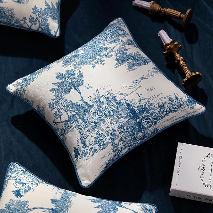 patdrea French Vintage Linen Throw Pillow Cover,18"x18",Set of 2-Lucerne A | Decorative Pillow Case,Chinoiserie Blue and WhitePillow Cover for Couch Living Room Bedroom Sofa