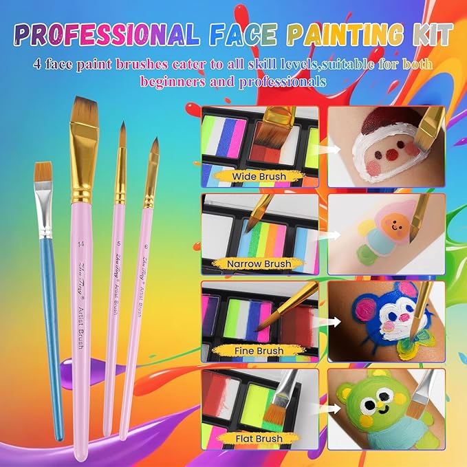 Face Paint Kit for Kids & Adults - 12 Color Rainbow Split Cake Face Painting Kit with 4 Brushes, Water Activated Face Paint Palette, Professional Facepaint Makeup Set for Kids Party Halloween Cosplay