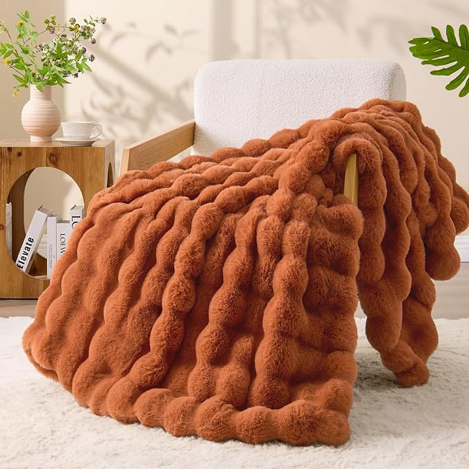 BEDELITE Faux Fur Throw Bubble Blanket for Couch, 60" x 80", Burnt Orange | 870GSM Soft Cozy Plush Blanket for Sofa & Bed Living Room Decor, Warm Fuzzy Faux Rabbit Fur for Women Gift, All Season Use