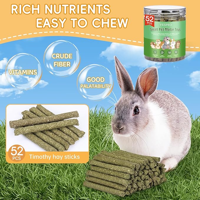52Pcs Rabbit Chew Sticks, Guinea Pig Toys, Natural Timothy Hay Teeth Stick