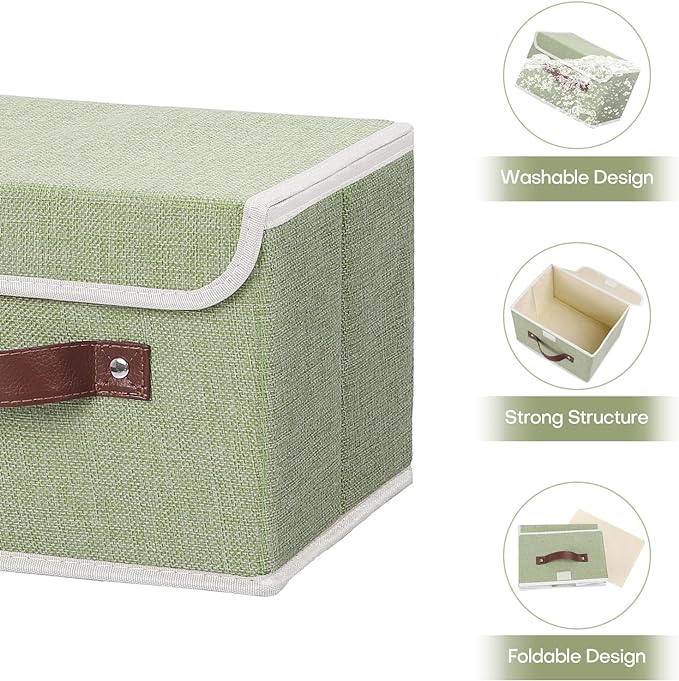 ANMINY Fabric Storage Box Bins with Lids, Green, 10"x8"x7" | Keepsake Memory Storage, Cotton Linen, PP Board Reinforced, Washable, PU Handles, Foldable & Stackable, Decorative, Small