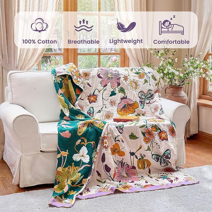 MSGKV Boho Throw Blanket 60"x80" 100% Cotton Floral Blanket for Bed Couch | Super Soft Muslin, Everyday Comfort, Breathable, Lightweight, Farmhouse Decor, Twin Size, All Seasons, Machine Washable