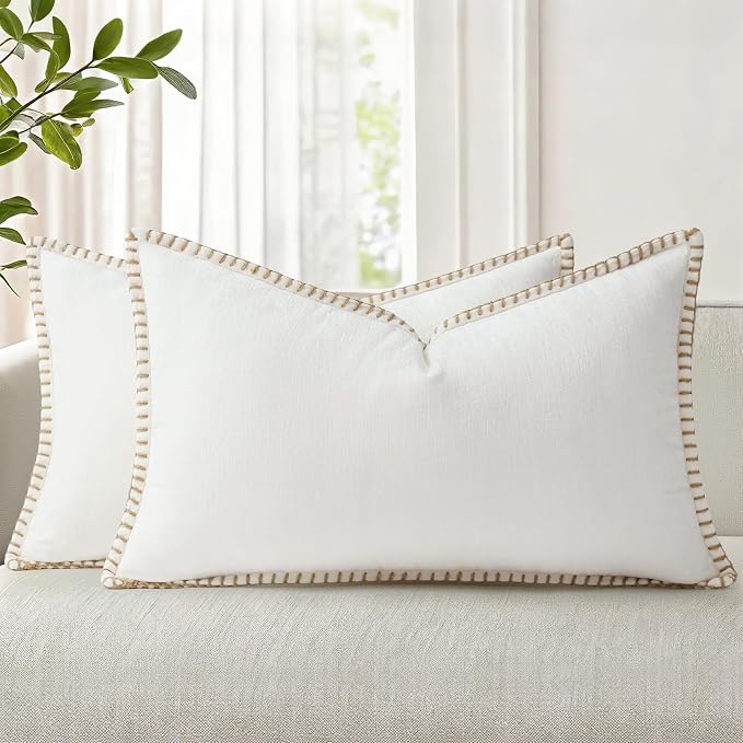 decorUhome Soft Chenille Throw Pillow Covers 12x20 Set of 2 Cream White | Fall Textured Decorative Throw Pillow Cases Stitched Edge Modern Farmhouse Luxury Boho Velvet for Couch Sofa Bed Home Decor