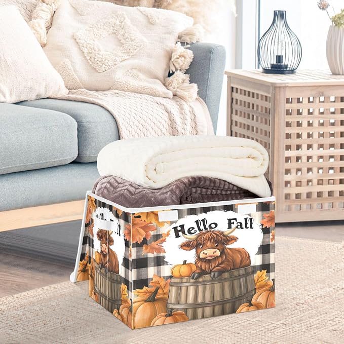 Highland Cows Storage Bins with Lids and Carrying Handle,Foldable Storage Boxes Organizer Containers Baskets Cube with Cover for Home Bedroom Closet Office