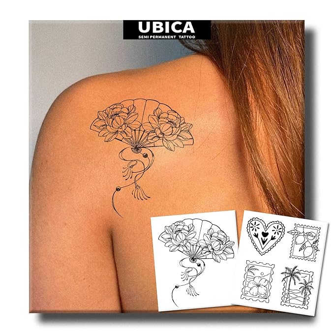 2 Sheets Long Lasting Peony Fan Temporary Fake Tattoos For Women Arm Hand Neck,Plant Stamps Semi Permanent Tattoo For Adults Girl,Realistic, Waterproof and Non-Reflective