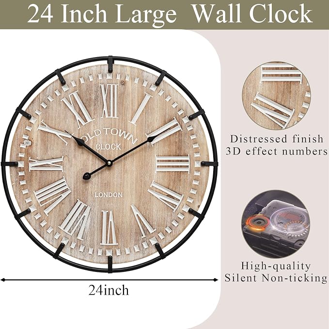 EMAX HOME 24 Inch Large Farmhouse Wall Clock, Rustic Antique Wood with Metal Circle and Large Engraved Numerals, Silent Battery Operated Wall Clock for Office Kitchen Bedroom Living Room