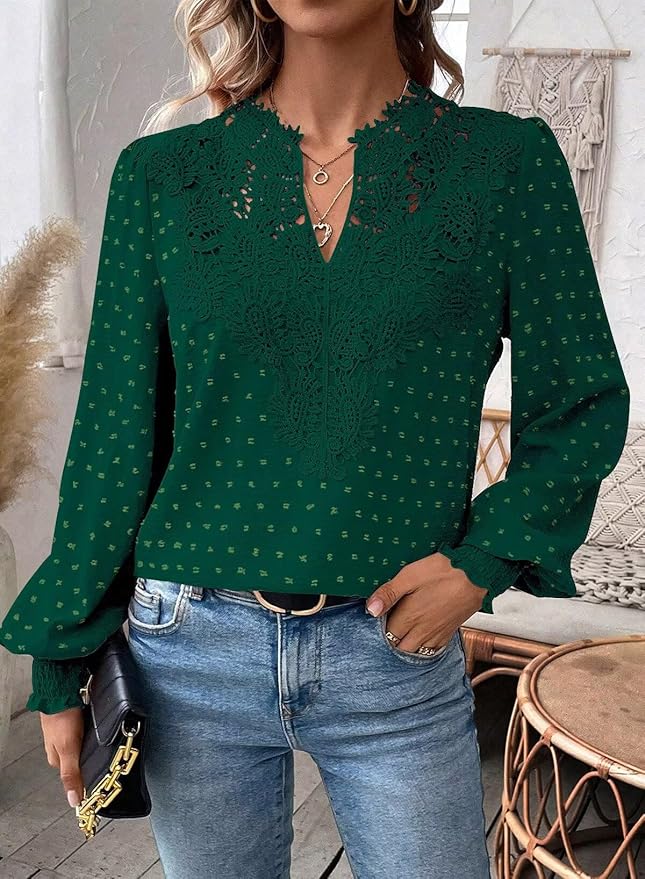 Womens Tops Swiss Dot Boho Long Sleeve Shirts V Neck Casual Chiffon Blouses Flowy Lace Hem Cute Clothing Trendy 2026