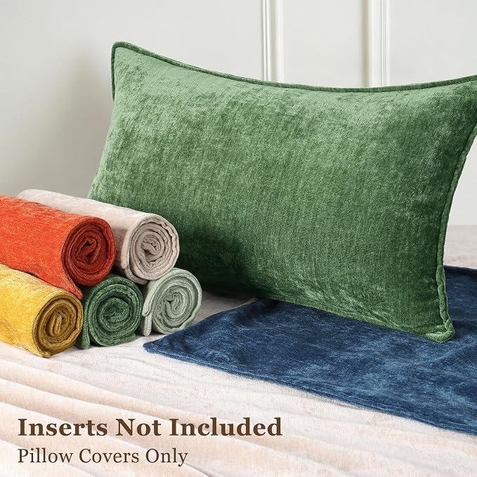 decorUhome Chenille Moss Green Velvet Throw Pillow Covers 12x20 Set of 2 | Fall Soft Lumbar Couch Decorative Modern Farmhouse Pillow Cases with Elegant Design for Sofa Bed Living Room Home Decor