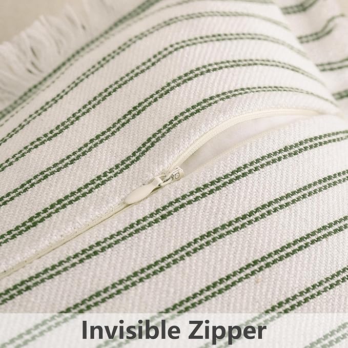Throw Pillow Covers 18x18 Set of 2 Striped Pillow Covers with Fringe Chic Cotton Decorative Pillows Square Cushion Covers for Sofa Couch Bed Living Room Farmhouse Decor (Olive Green)