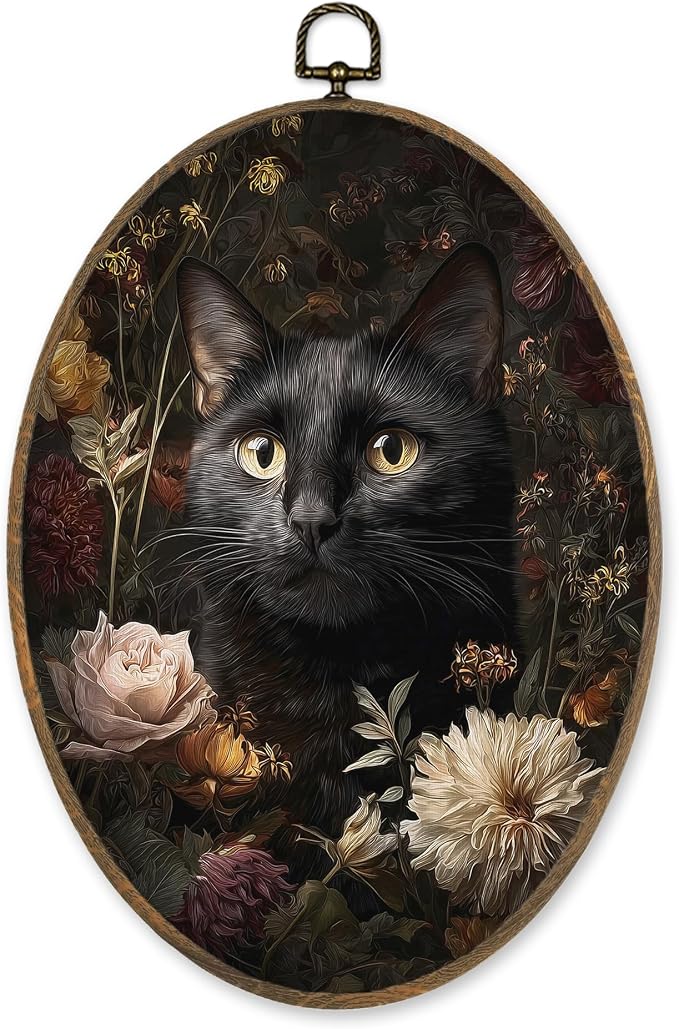 LKETW Gothic Black Cat Floral Oval Wall Art Decor, Dark Cottagecore Black Cat Oval Canvas Hanging Decor, Moody Gothic Botanical Wall Decorations for Home Bedroom Living Room, 8.6x11.4 Inch