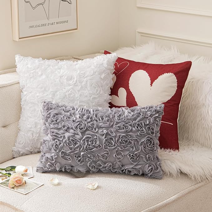 MIULEE Decorative Rose Flower Pillow Covers Pack of 2 Grey 16x16 Inch | Cute Romantic Stereo Chiffon Throw Pillow Cover Aesthetic Solid Pillowcase for Girl Coquette Room Decor Coach Bedroom