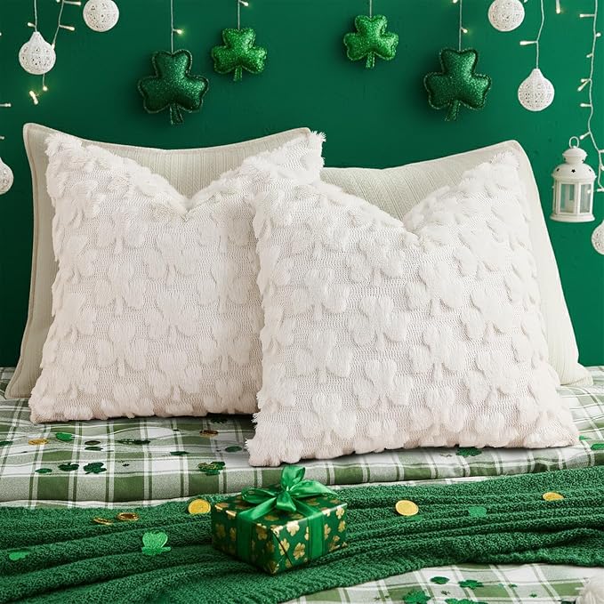 decorUhome Faux Fur Throw Shamrock Cream White Pillow Covers 16x16 Set of 2 | Plush Soft Wool St. Patrick’s Day Throw Pillow Covers, Accent Modern Farmhouse Pillow Covers Holiday Decor for Sofa Bed