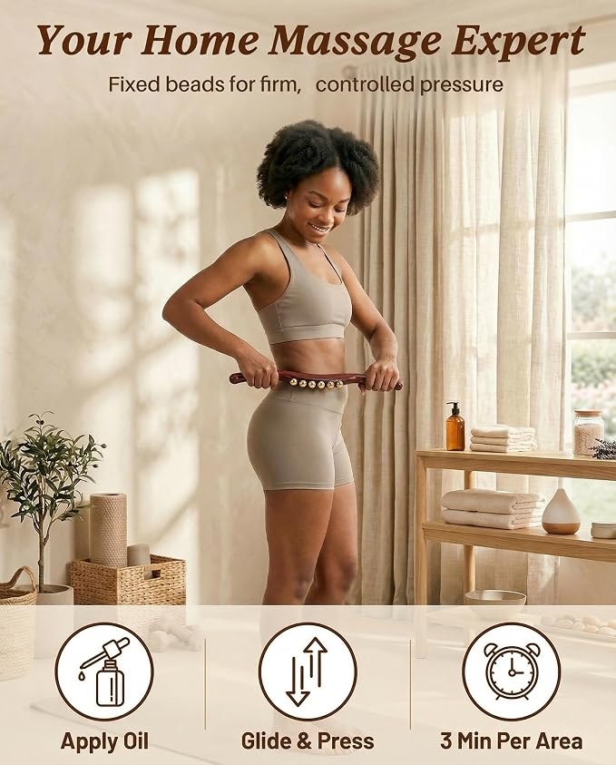 ONUEMP Sandalwood Gua Sha Muscle Scraper Tool with 17 Brass Beads, Wood Therapy Massage Tools Maderoterapia Kit for Lymphatic Drainage Body Sculpting, Deep Tissue Cellulite Massager Fascial Release