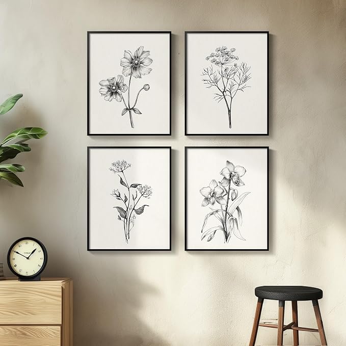 Framed Black and White Floral Wall Art for Living Room, 4 Piece Vintage Botanical Canvas Painting Prints Artwork for Walls, Rustic Minimalist Flower Pictures for Bedroom Hallway Kitchen Wall Decor