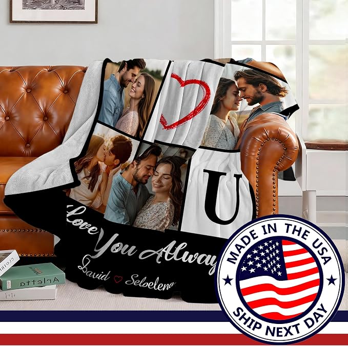 SHIPS NEXT DAY Custom Blanket with Picture Text Personalized Photos Blanket Customized Valentines Day Christmas Wedding Birthday Gifts for Couples Boyfriend Girlfriend Him Her Customize Blankets