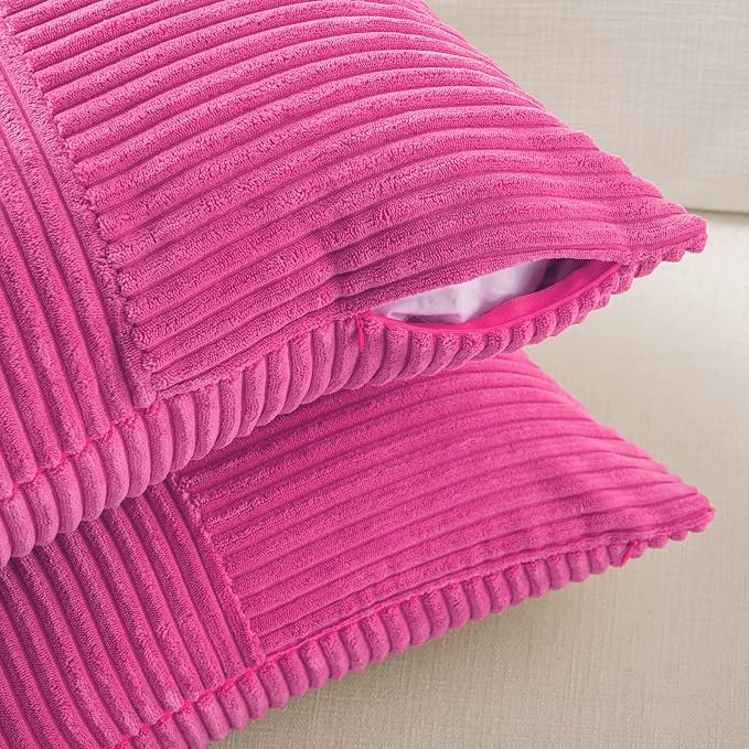 Fancy Homi Hot Pink Lumbar Decorative Throw Pillow Covers 12x20 Inch for Living Room Couch Bed Sofa, Rustic Farmhouse Boho Home Decor, Soft Striped Corduroy Rectangle Accent Cushion Case
