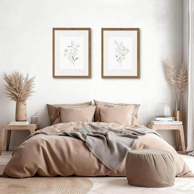 Neutral Wildflower Wall Art Set of 2, Vintage Flower Botanical Wall Decor Painting, Rustic Cottagecore Striped Floral Prints Pictures for Living Room Bedroom 12x16 Inch Framed