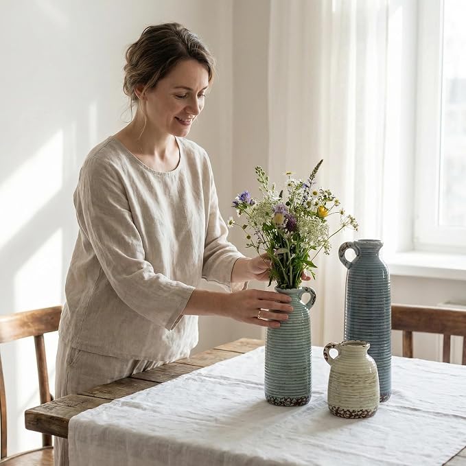 Ceramic Vase Set of 3 with Handles, Blue Neutral Rustic Modern Farmhouse Boho Decor, Versatile as Table Centerpiece or Mantel & Shelf Accent - Unique Home Gift Idea