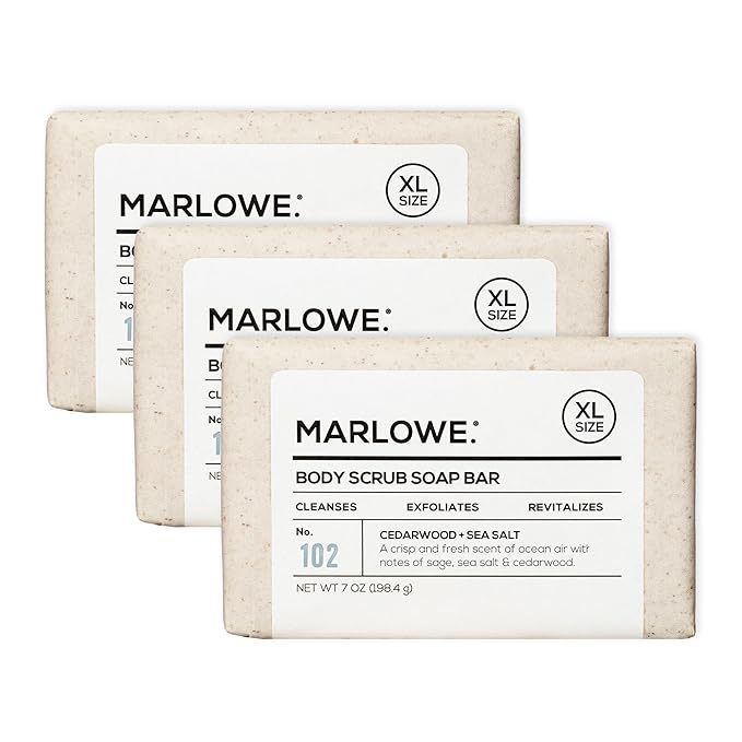 MARLOWE. No. 102 Body Scrub Soap 7 oz (3 Bars), Cedarwood & Sea Salt, Exfoliating Soap Bar with Shea Butter, Olive Oil & Green Tea Extracts, Cleanses, Smooths & Revitalizes Skin, Fresh & Zesty Scent