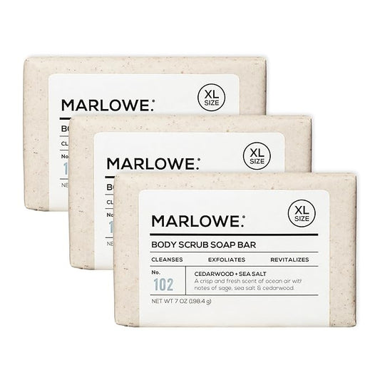 MARLOWE. No. 102 Body Scrub Soap 7 oz (3 Bars), Cedarwood & Sea Salt, Exfoliating Soap Bar with Shea Butter, Olive Oil & Green Tea Extracts, Cleanses, Smooths & Revitalizes Skin, Fresh & Zesty Scent
