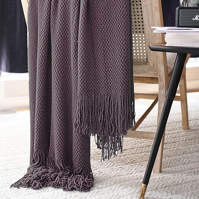 LOMAO Knitted Throw Blanket with Tassels Bubble Textured Soft Blanket Lightweight Throws for Couch Cover Home Decor (Grey Purple, 50x60)