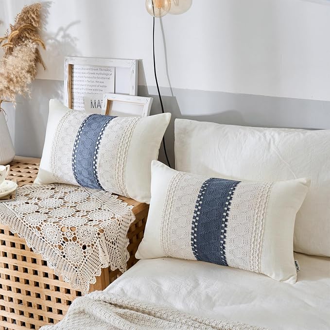 Lumbar Throw Pillow Covers Set of 1 (Beige & Blue, 12x20 Inch) | Linen Cotton Soft Cozy, Decorative Sofa Couch Pillow Cases, Textured Woven Single Striped, Boho Sytle for Living Room