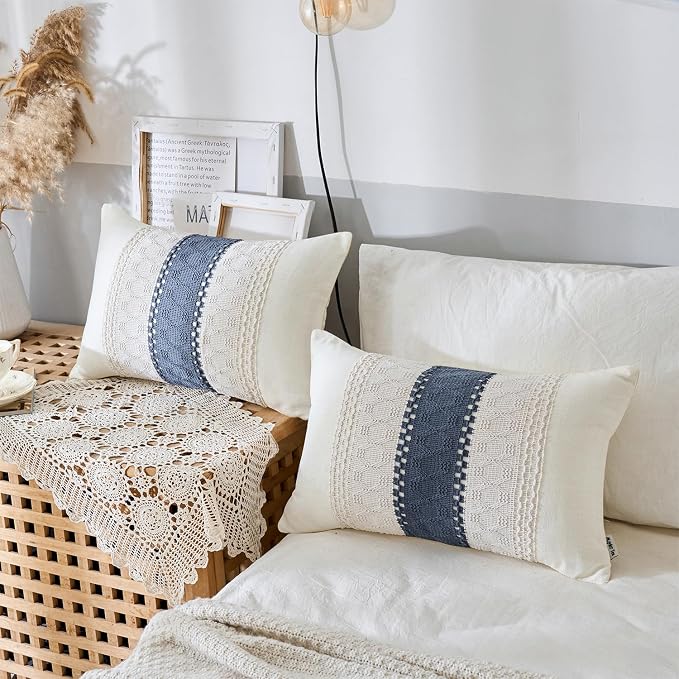 Throw Pillow Covers 1PC for Living Room, Cotton & Burlap, Boho Sytle Decorative Home (Beige & Blue, 20x20 Inch)