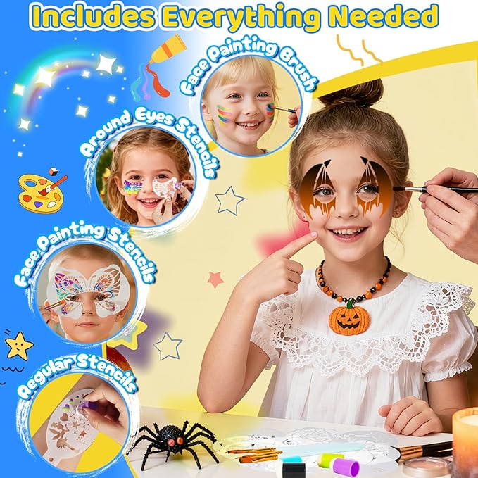 63Pcs Face Painting Brushes and Stencils Kit with 32 Reusable Facial Painting Stencils 9 Sheets Stickers 15 Brushes 2 Adhesive Gems 4 Fingertip Sponges, 4 Makeup Sponges For Festival Party Makeup