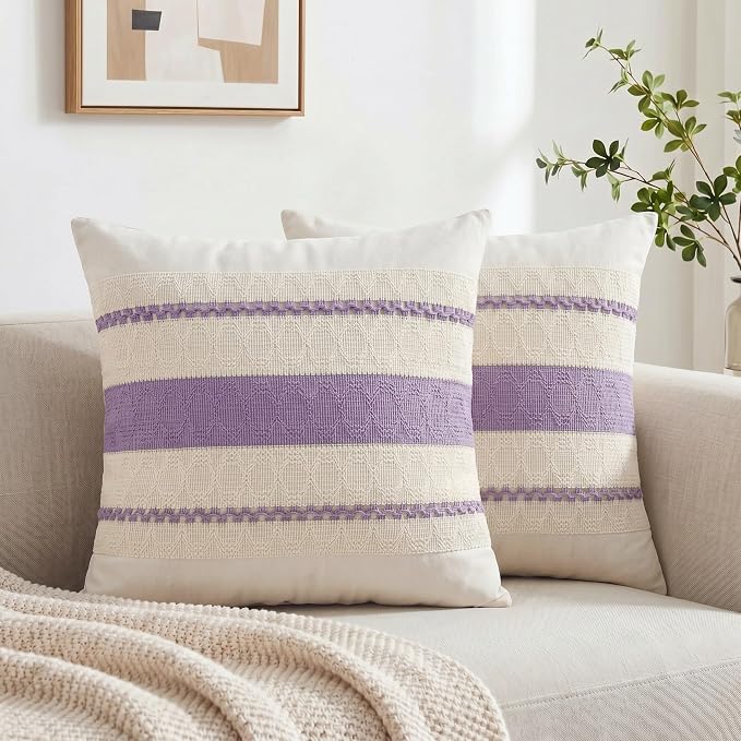 Fancy Homi Set of 1 Boho Lavender Decorative Throw Pillow Cover 18x18 Inch for Couch Bed Sofa, Aesthetic Modern Organic Farmhouse Home Decor, Soft Cotton Cute Accent Macrame Woven Cushion Case