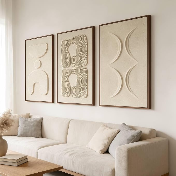 Thalasse Abstract Wall Art Large Framed 3D Sand Beige 16x24 In | Set of 3 Wabi Sabi Abstract Sandstone Relief Artwork with Solid Catalpa Wood Frame, Minimalist Triptych Pictures for Entryway