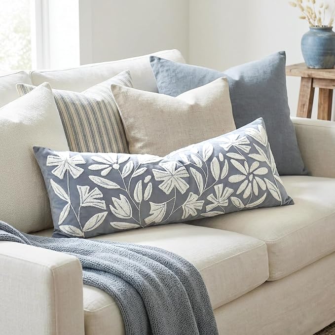 Long Lumbar Pillow Cover 14x36 for Bed, Coastal Dusty Blue Floral Tufted Velvet Accent Oversize Throw Pillowcase for Bedroom, Cover Only