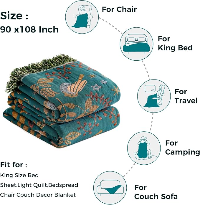 LUTBM King Throw Blanket for Bed, 100% Cotton Boho Soft Summer Blankets | 90"x108" Reversible Floral Bird Quilt, All-Season Bedspread, For Chair Sofa Couch Bedroom Decor, Breathable 4-Layer Gauze