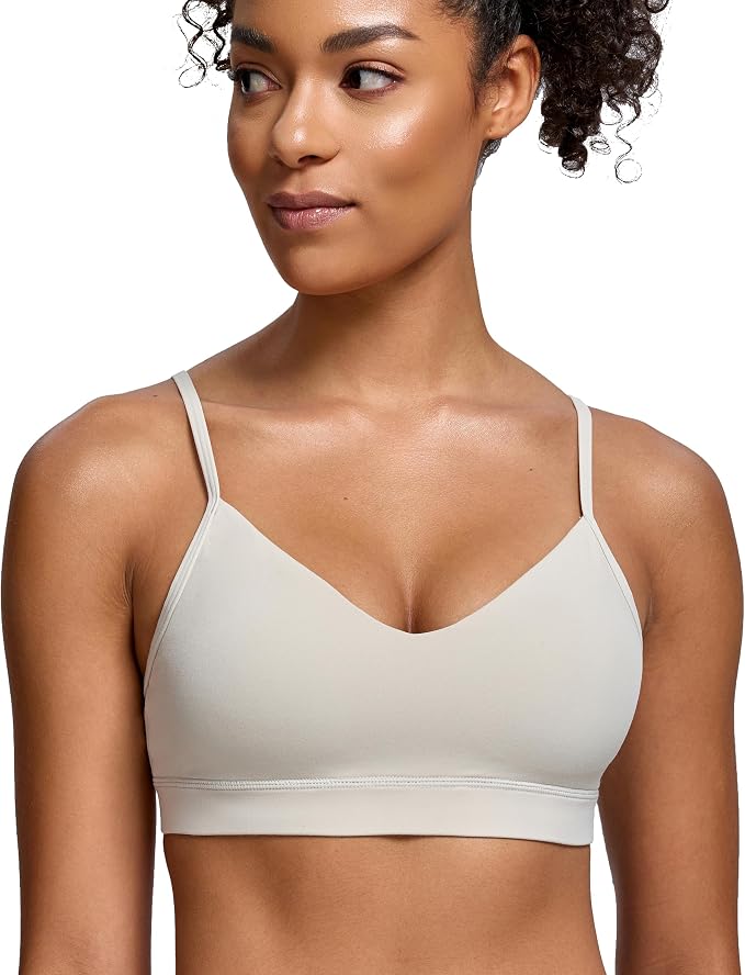 Oalka V Neck Sports Bra for Women Adjustable Padded Thin Straps Wireless Yoga Bras