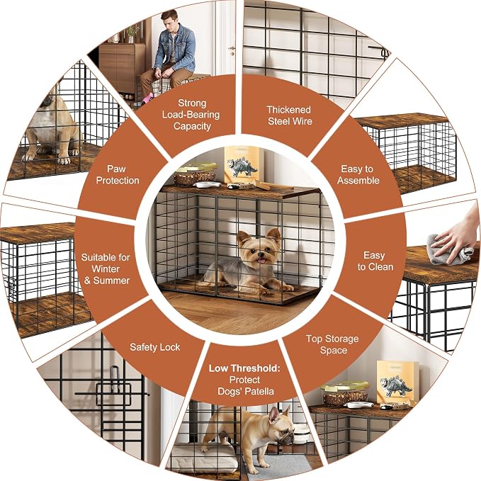 24in Extra Small Dog Crate Furniture, Indoor Kennel End Table under 10 lb，Stylish Durable Indoor Dog Kennel with Storage Top & Secure Lock, Decorative Pet Cage for Chihuahua Yorkie & XS Dog