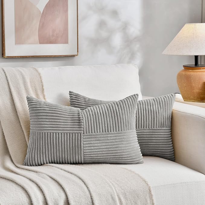 Fancy Homi Neutral Grey Lumbar Decorative Throw Pillow Covers 12x24 Inch for Living Room Couch Bed Sofa, Farmhouse Home Decor, Soft Striped Corduroy Rectangle Accent Cushion Case 30x60 cm