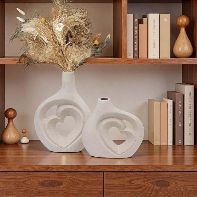 Cream White Ceramic Heart Shaped Vases Set of 2 | 8.5in Nordic Design, For Home Decor, Table Centerpiece, Wedding & Living Room, Bookshelf & Office & Entryway