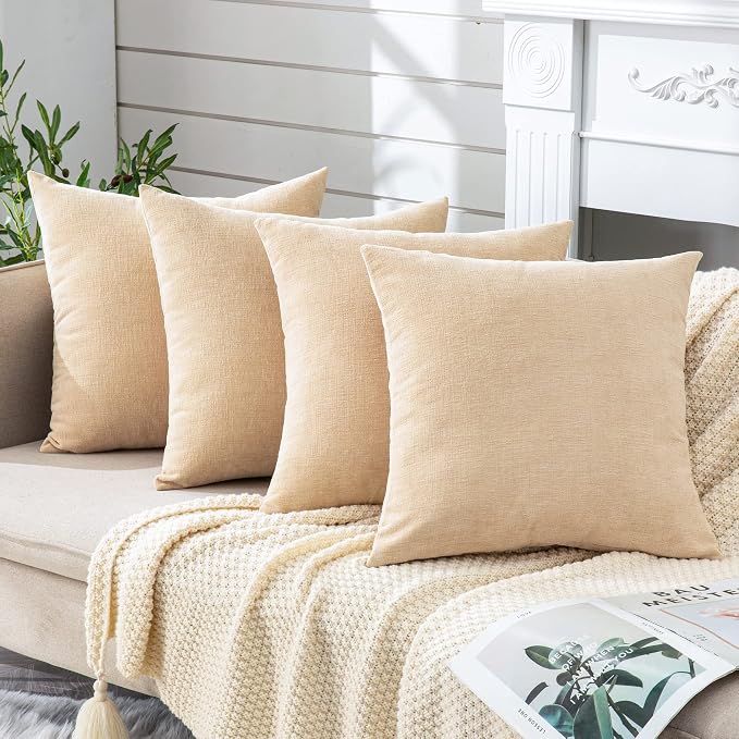 GAWAMAY Decorative Couch Throw Pillow Covers 18x18 Inch Set of 4 Beige | Soft Chenille Farmhouse Style, Hidden Zipper, Neutral Cushion Pillowcases for Sofa Living Room Bed, Only Covers