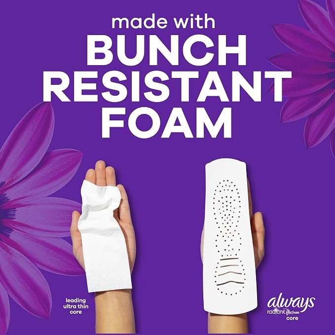 Always Radiant Feminine Pads for Women, Flexfoam Pads with Wings, Size 4, Overnight Absorbency, Lightly Scented, 28 Count