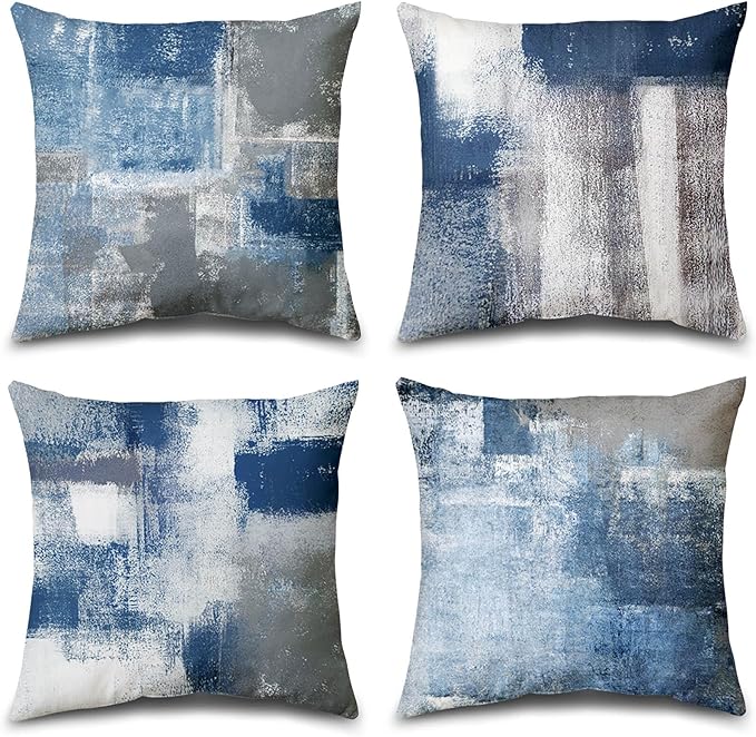 Set of 4 Blue and Grey Abstract Art Artwork Pillow Cover 18 x 18 Inch, Gallery Modern Decorative Throw Pillows Cushion Cover for Bedroom Sofa Living Room | Double-sided vibrant artwork accent cushion covers. Perfect decorative pillows for couch, sofa, ...
