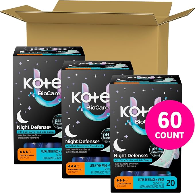 Kotex BioCare Ultra Thin Overnight Pads with Wings, Heavy Absorbency, 60 Count (3 Packs of 20)(Packaging May Vary)