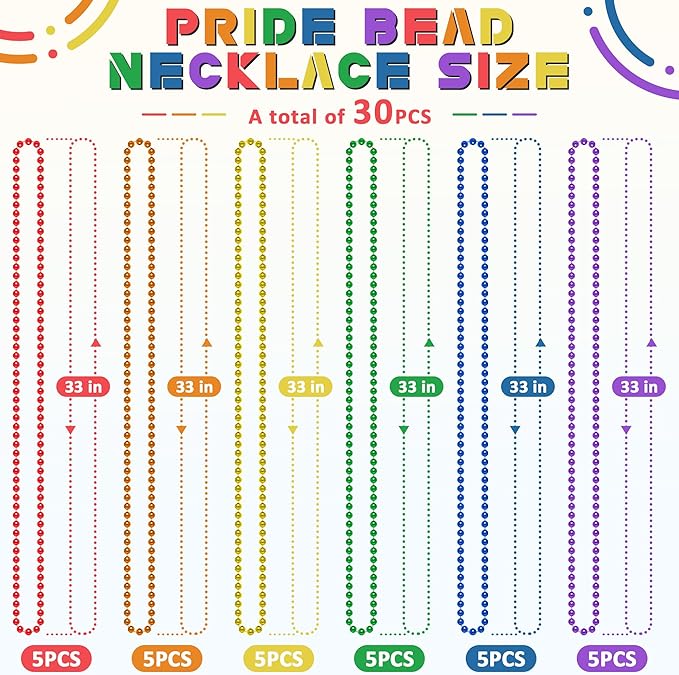 Pride Necklace Accessories, 30PCS LGBTQ Beads Necklaces, 6 Kinds Metallic Rainbow Beads Bulk, Round LGBTQ Pride Stuff for Gay Lesbian, Costumes Decor for Parade Throws Party Favors