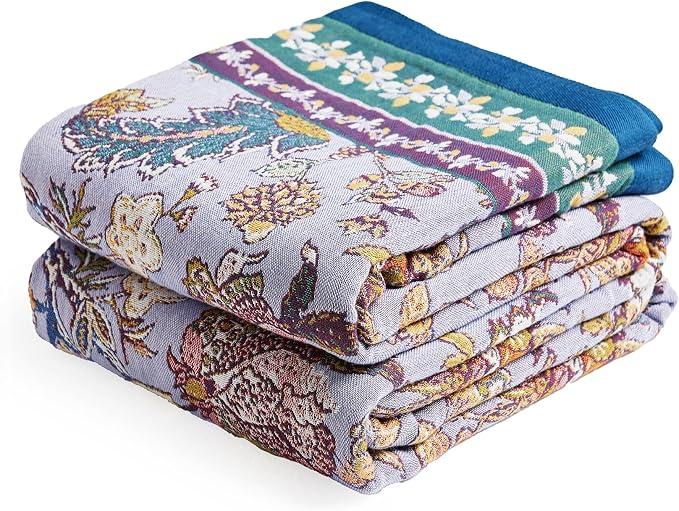 VANJOROY Boho Throw Blanket 80" x 90", 100% Organic Cotton Breathable Ultra Soft Bed Purple Quilt Throw - All Season Luxury Floral Farmhouse Decor Blanket for Sofa Couch Chair and Gift.