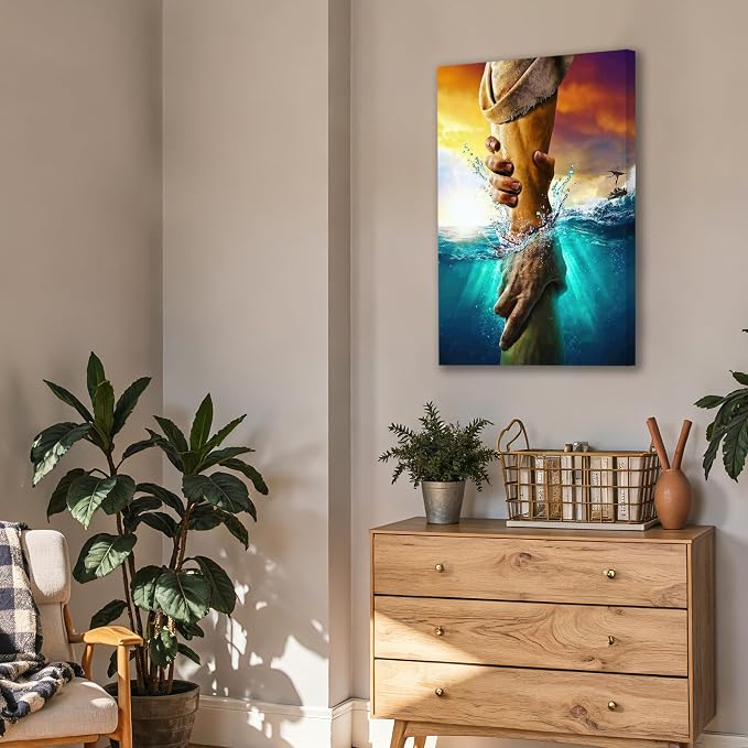 Framed Jesus Christ Canvas Wall Art The Hand of God Jesus Reaching Into Water Christian Painting Prints Biblical Wall Decor Religious Room Decor for Church Prayer Room Schools Hospitals 20"x30"