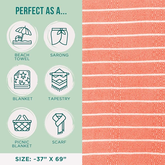 Sand Cloud Turkish Beach Towel - Sand Resistant - 100% Certified Organic Turkish Towel - Quick Dry Towel for Beach, Picnic, Blanket or Bath Towel - As Seen on Shark Tank - Gocek (Coral) (Pack of 2)