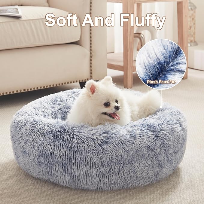 23 inches Faux Fur Fluffy Donut Dog Bed for Small Dogs,Dark Blue | Calming Plush Round Puppy Pet Bed with Removable & Washable Cover,Fits up to 25 lbs Pets