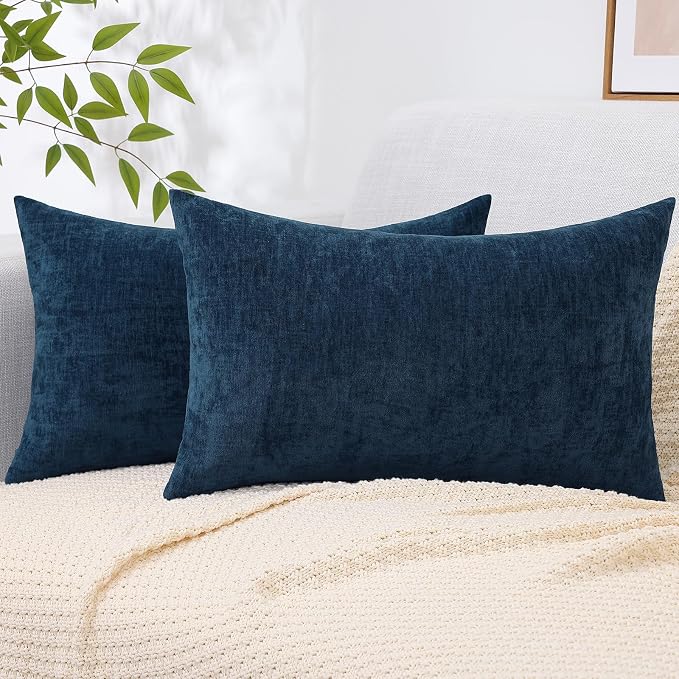 decorUhome Soft Chenille Navy Blue Throw Pillow Covers 12X20 Set of 2 | Decorative Fall Couch Pillow Covers Solid Dyed Accent Modern Farmhouse Neutral Rectangle Pillow Cases for Sofa