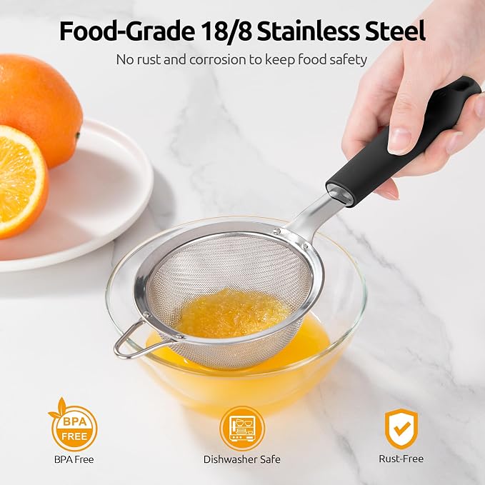 U-Taste Small Fine Mesh Strainer: 18/8 Stainless Steel 3.35in 30 Mesh Kitchen Food Sieve with Sturdy Riveted Silicone Handle, Heavy Duty Deep Handheld Metal Colander for Tea, Juice (Black)
