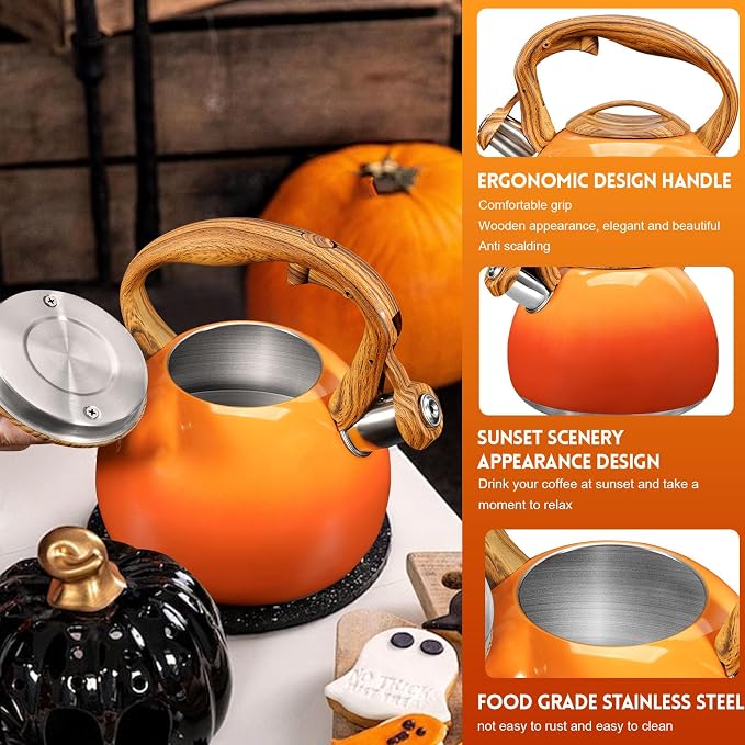 GGC Tea Kettle for Stove Top, 3.1QT/3L Whistling Tea Kettles for Boiling Water, Coffee or Milk, Red Sunset Tea Pot with Wood Pattern Handle, Stainless Steel Tea Pot for Home and Kitchen