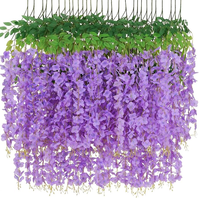 12 Pack Wisteria Hanging Flowers, 3.6 Feet/Pcs Purple Wisteria Artificial Flowers, Fake Wisteria Flowers Garland, Hanging Vines for Bedroom Wedding Home Party Wall Decoration