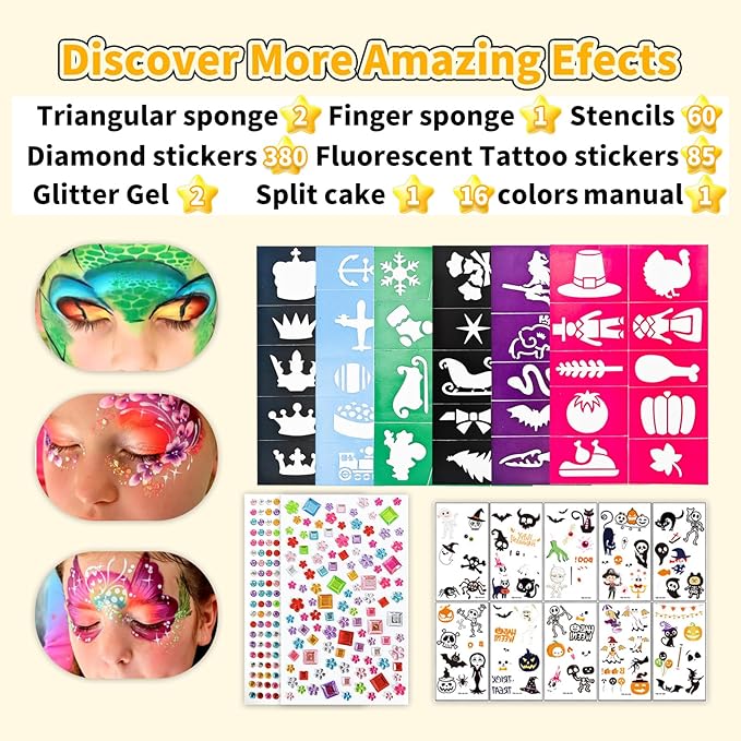 Face Paint Kit for Kids: 20 Colors Water Based Non-Toxic Face Painting Kit, with Brushes, Stencils, Glitter Gems, Ideal for Halloween, Cosplay, Carnival, Birthday Parties Face Body Makeup Kit